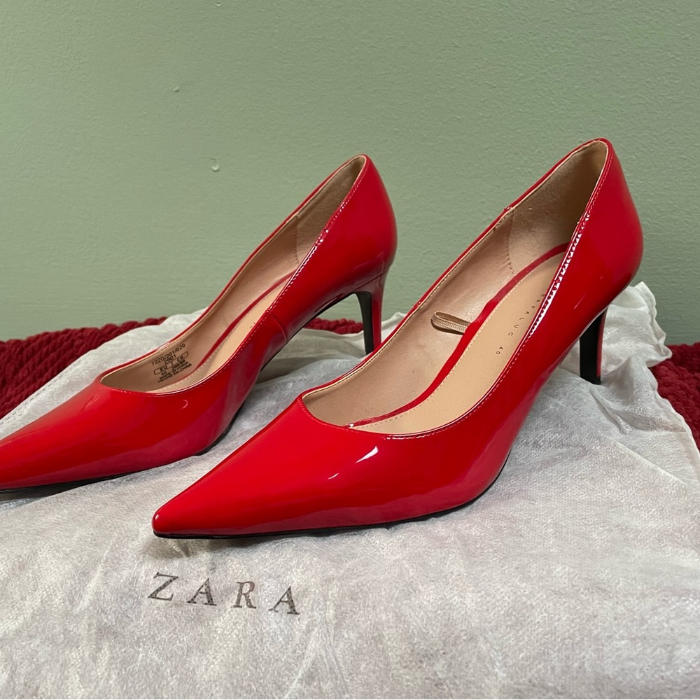 Zara Red Patent Pointed-Toe Heels